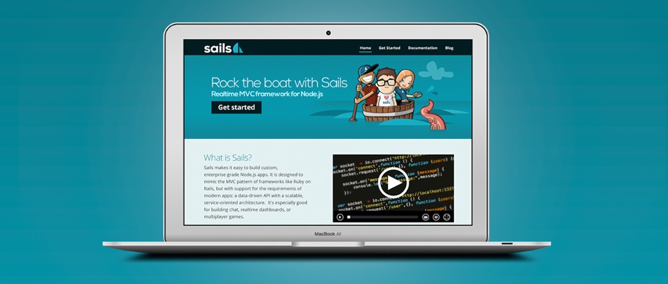A laptop computer with the Sails.js website on screen
